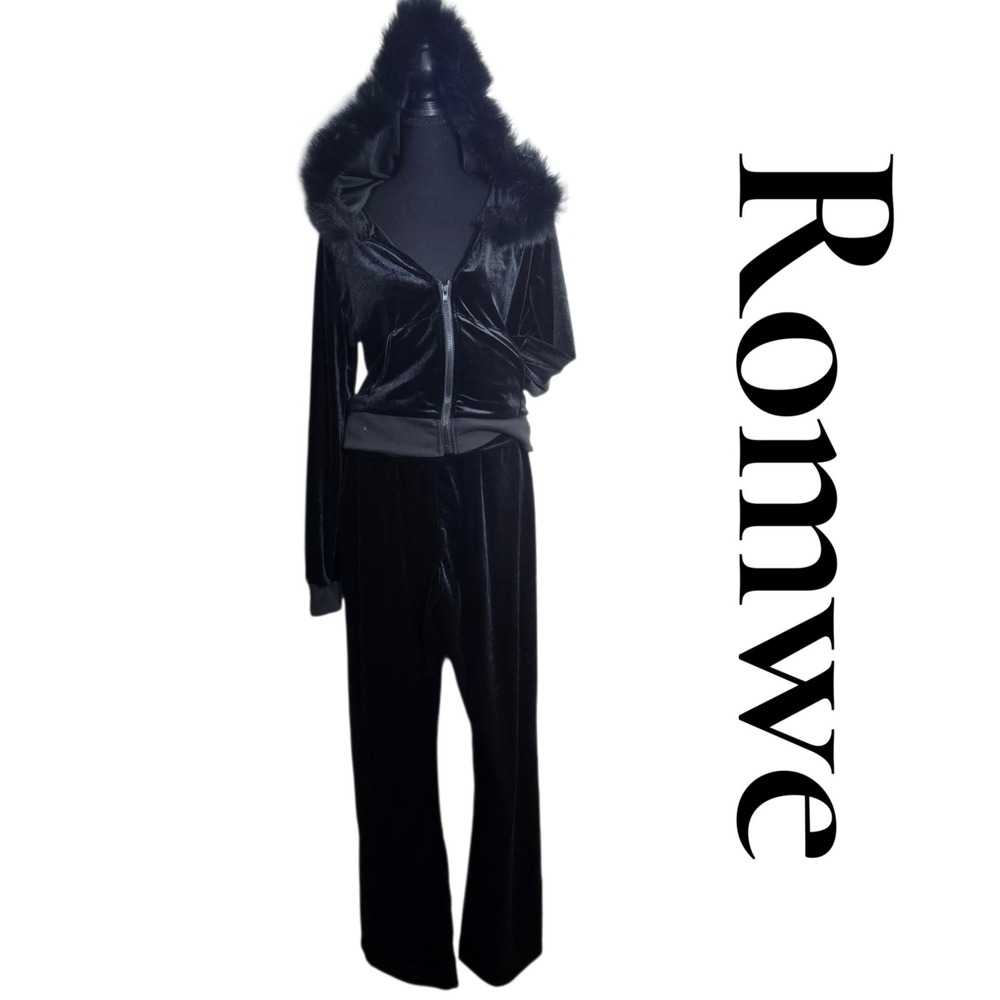 Romwe Tracksuit Women XL Black Velvet Faux Fur Hooded Cropped Wide Leg Y2K Set